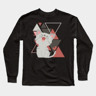 Cute little cat in triangles background adorable kitty Kittenlove Long Sleeve T-Shirt